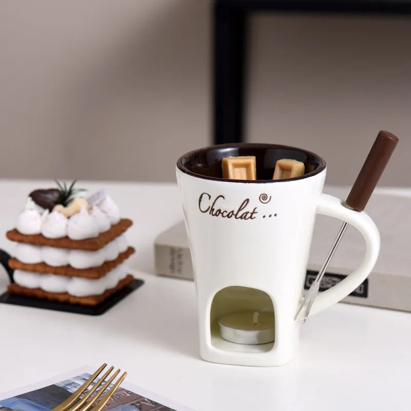 130ml Chocolate Fondue Cup – Ceramic Heating Mug with Fork
