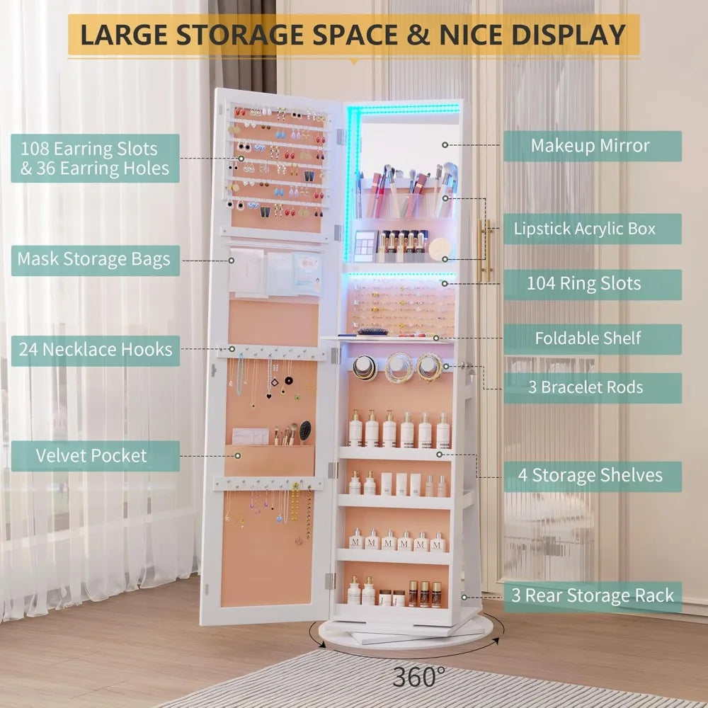 360° Swivel Mirror Jewelry Cabinet Standing(For the US only