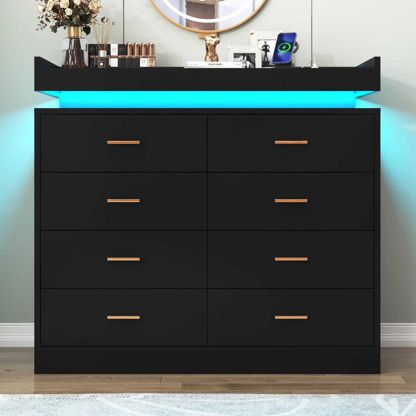 8 Drawer Dresser with LED Light, Modern Chest of Drawers for Closet(For the US only)