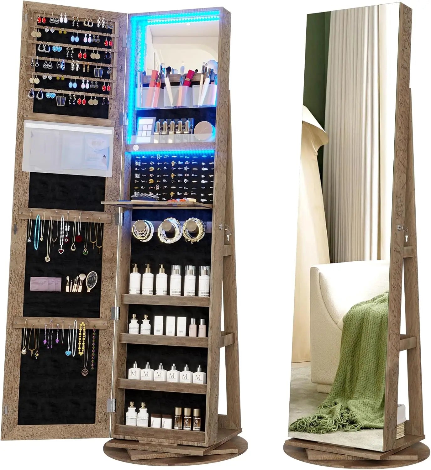 360° Swivel Mirror Jewelry Cabinet Standing(For the US only