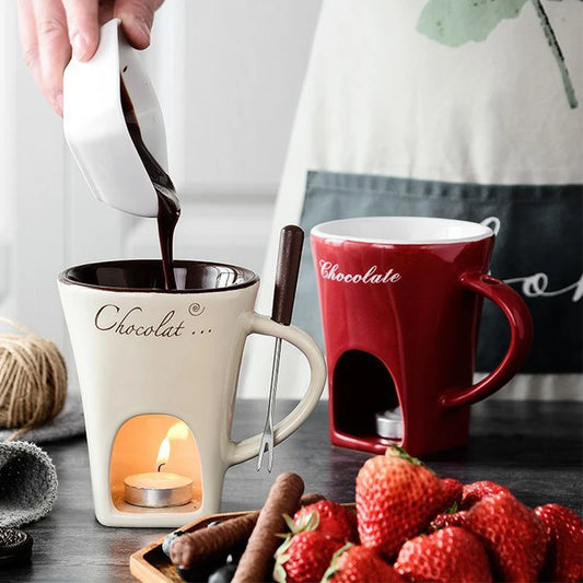 130ml Chocolate Fondue Cup – Ceramic Heating Mug with Fork