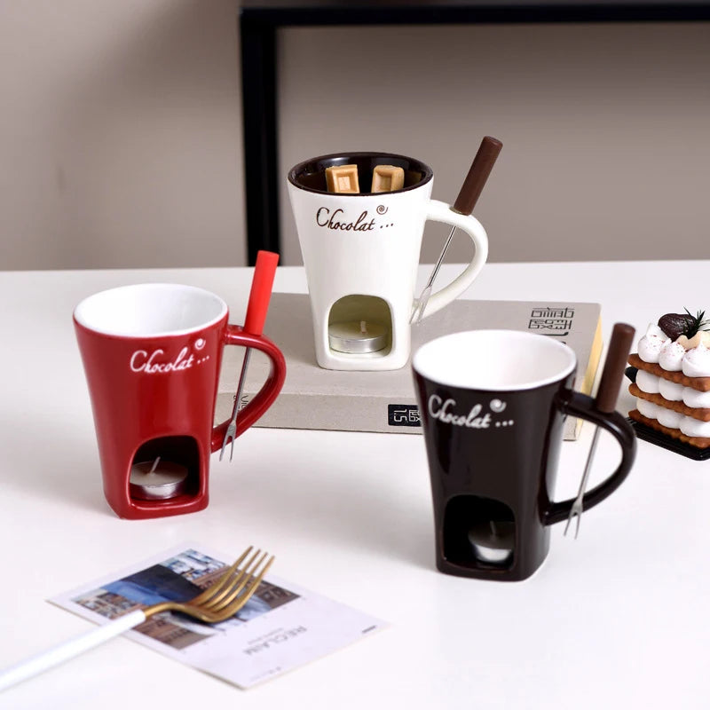 130ml Chocolate Fondue Cup – Ceramic Heating Mug with Fork