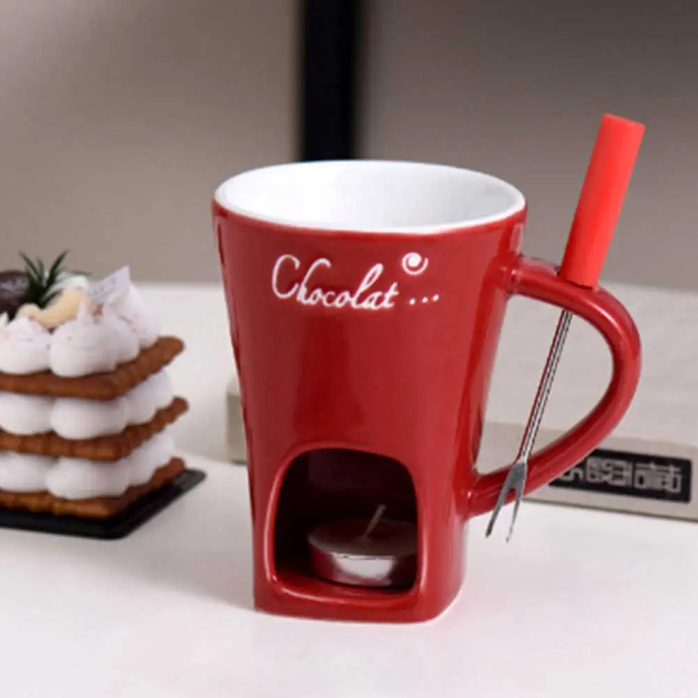 130ml Chocolate Fondue Cup – Ceramic Heating Mug with Fork