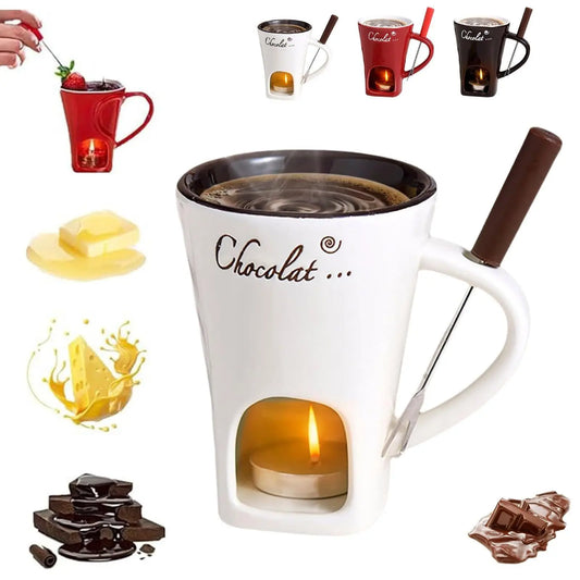 130ml Chocolate Fondue Cup – Ceramic Heating Mug with Fork