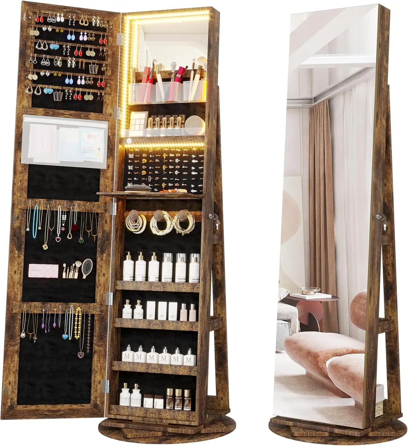360° Swivel Mirror Jewelry Cabinet Standing(For the US only
