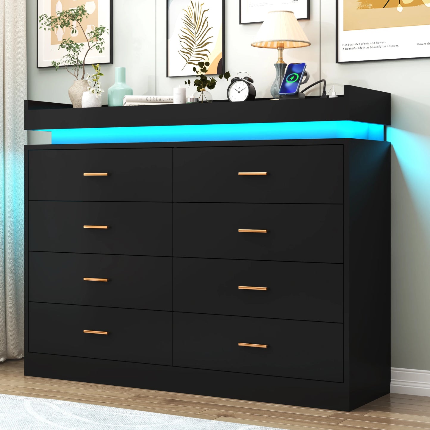 8 Drawer Dresser with LED Light, Modern Chest of Drawers for Closet(For the US only)