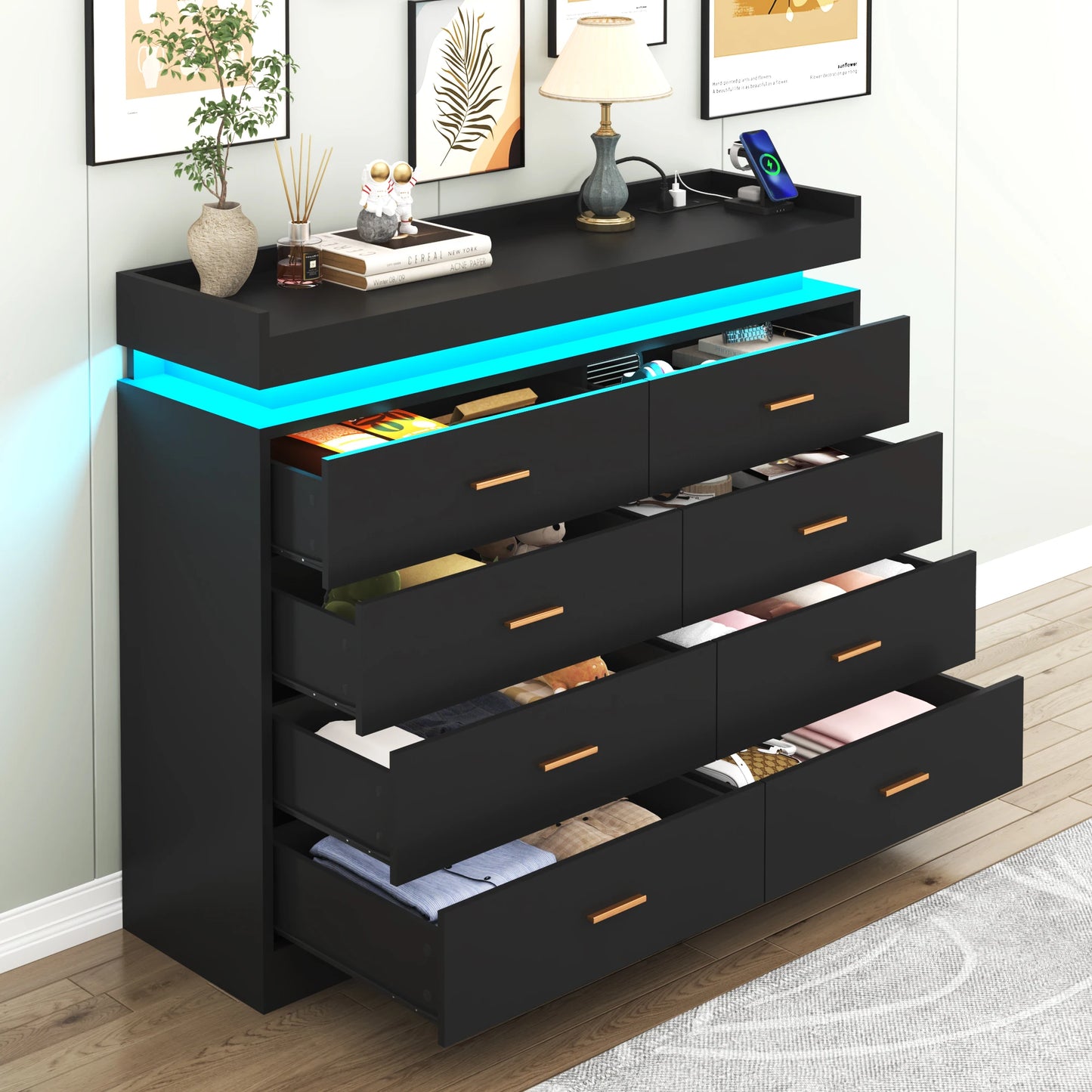 8 Drawer Dresser with LED Light, Modern Chest of Drawers for Closet(For the US only)