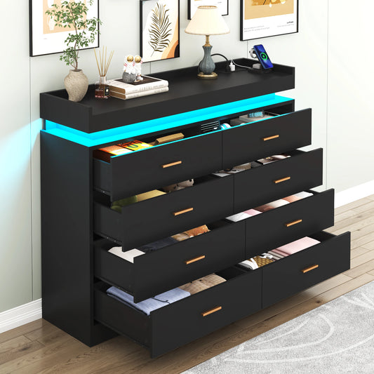 8 Drawer Dresser with LED Light, Modern Chest of Drawers for Closet(For the US only)